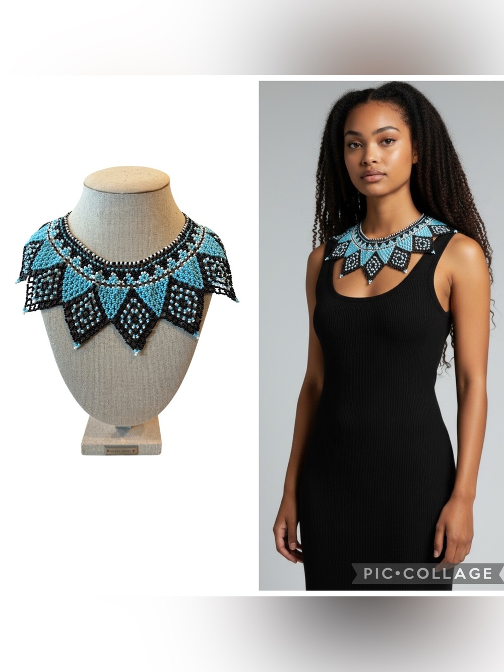 Hand Beaded Seed Bead Collar Bib Necklace Turquoise Black White